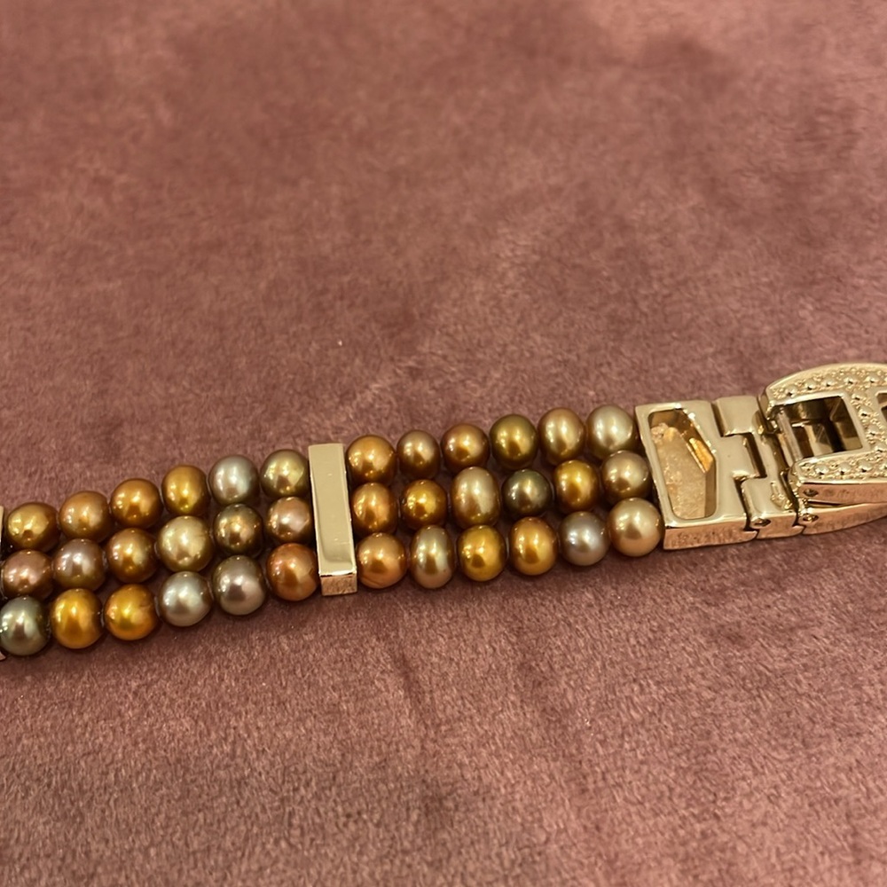 Gold Tone Three Strand Bracelet with Cultured Pearls and Rhinestones - Picture 12 of 16